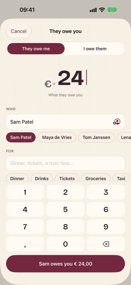 Adding an IOU of €24 for Sam