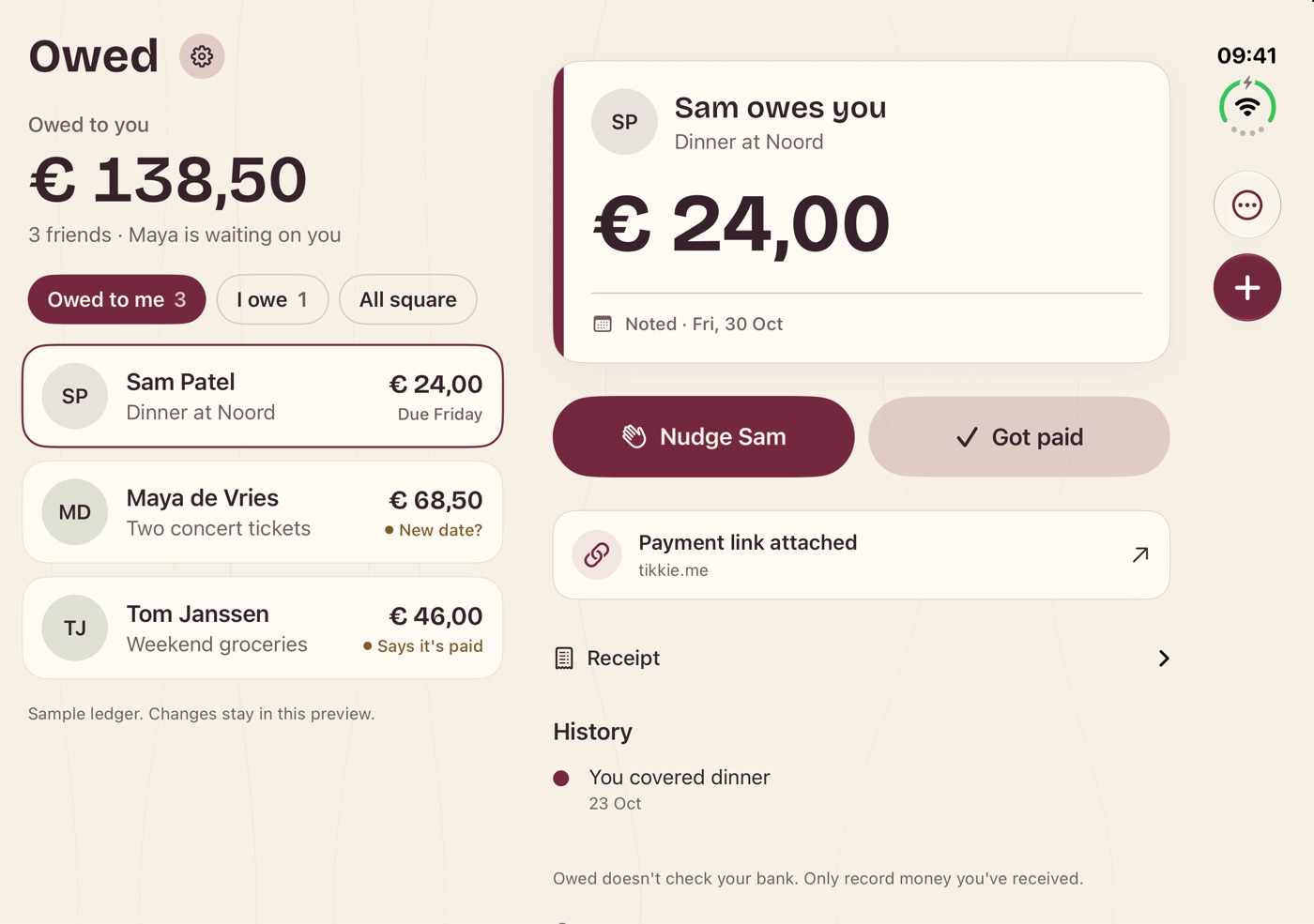 Owed on the unfolded iPhone Duo, with the list beside Sam's details