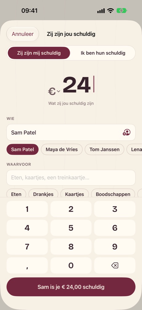 Noteren dat Sam je €24 schuldig is