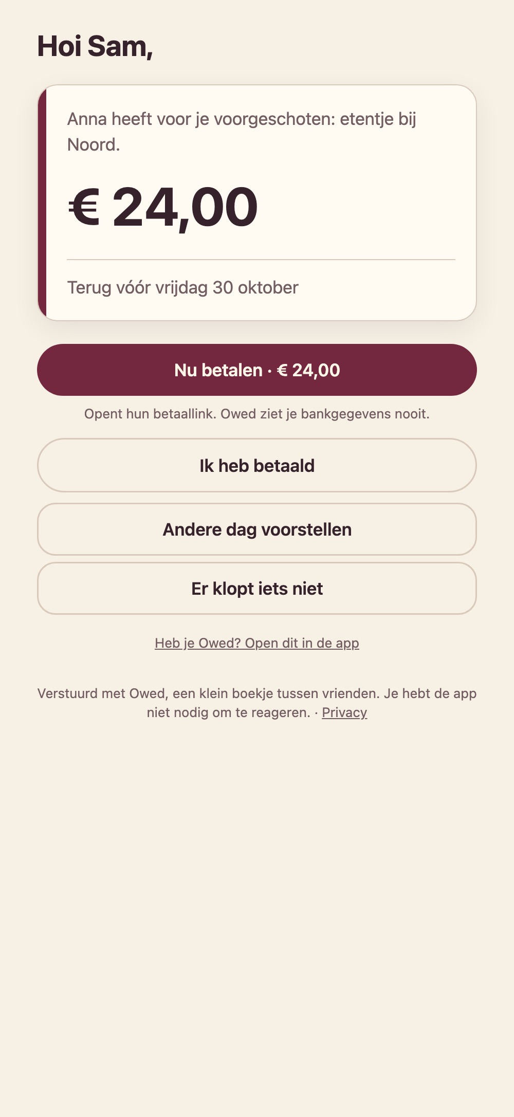 De antwoordpagina die je vriend ziet